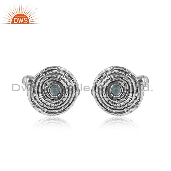 Spiral design oxidized 925 silver aqua chalcedony stone cufflinks