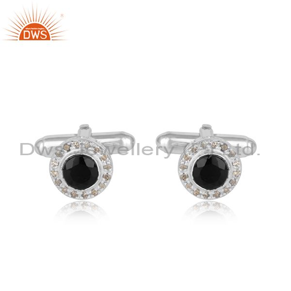 Designer cufflinks with black onyx and diamond in sterling silver