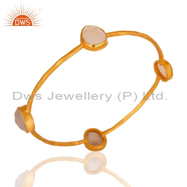Handmade faceted rose chalcedony gemstone bangle yellow gold brass