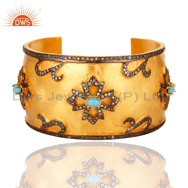 Turquoise and cz yellow gold plated brass wide bangle cuff bracelet