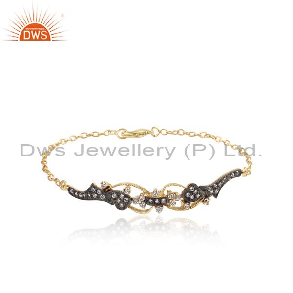 14k yellow gold plated handmade white zirconia gemstone brass chain bracelet