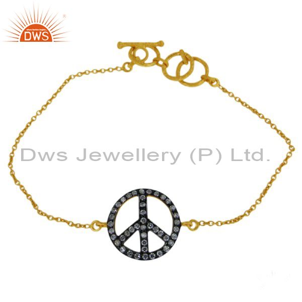 18k yellow gold plated sterling silver cubic zirconia peace sign chain bracelet