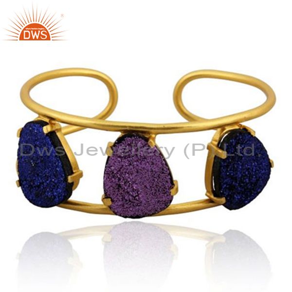 24k yellow gold plated brass blue druzy and purple druzy designer cuff bracelet