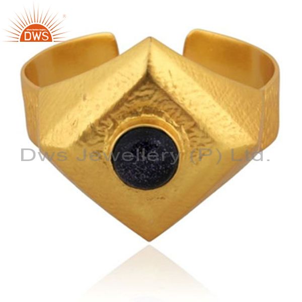 22k yellow gold plated brass blue sunstone hammered cuff bracelet bangle