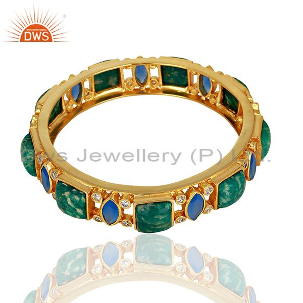 Amazonite blue chalcedony designer brass 18k gold plated bangles