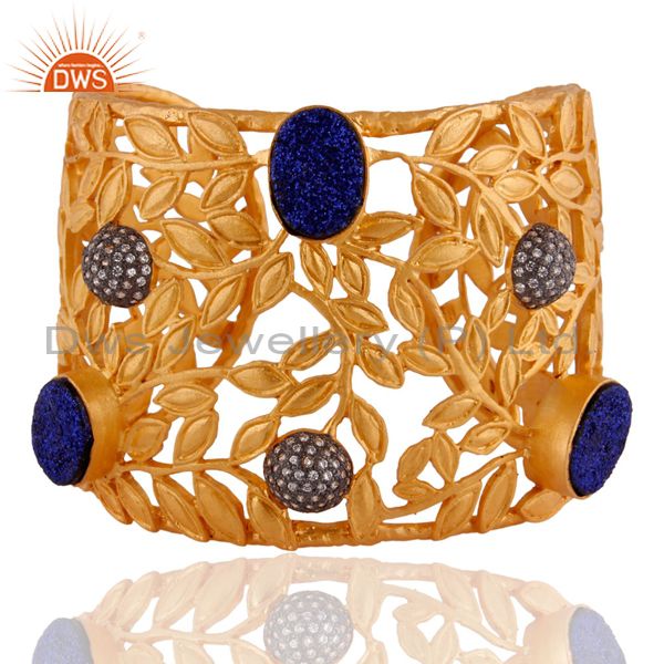 18k yellow gold plated brass blue druzy agate floral design cuff bangle bracelet