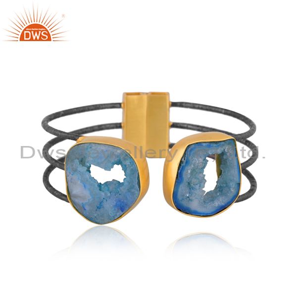 Natural blue druzy agate slice handmade gold plated adjustable cuff