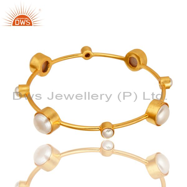 14k yellow gold plated brass natural white pearl handmade bangle