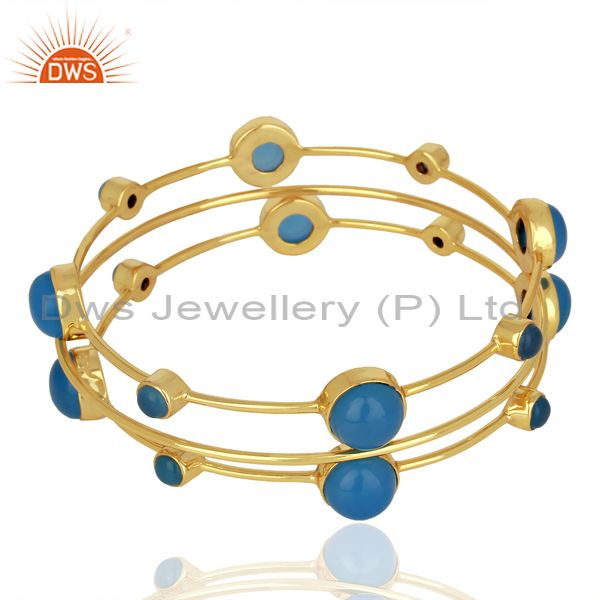 Blue chalcedony gemstone 925 silver gold plated bangle set jewelry