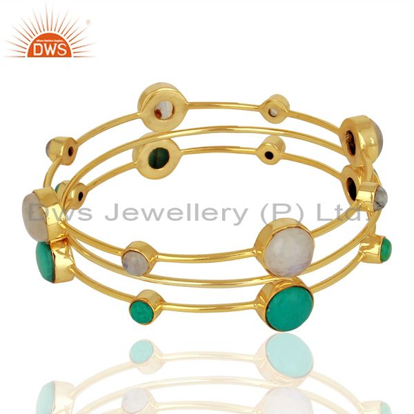 Turquoise and moonstone gold plated 925 silver three bangle set