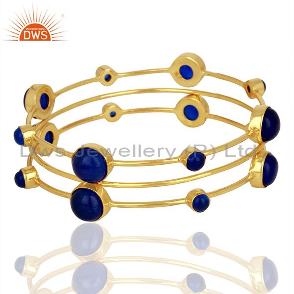 Blue gemstone 925 sterling silver gold on three bangle set jewelry