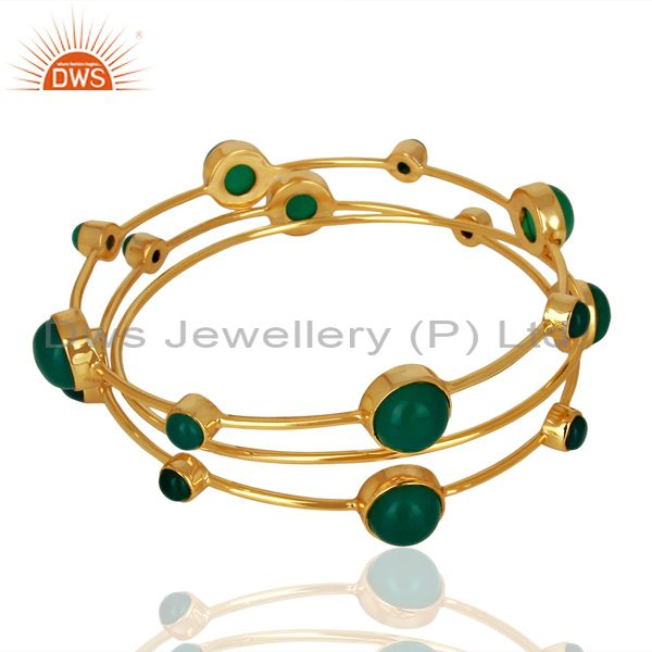 Solid 925 silver gold on green onyx gemstone bangle set wholesale