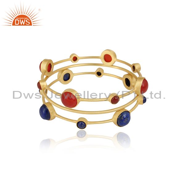 Handmade rex onyx and lapis 3 bangle set in yellow gold on silver