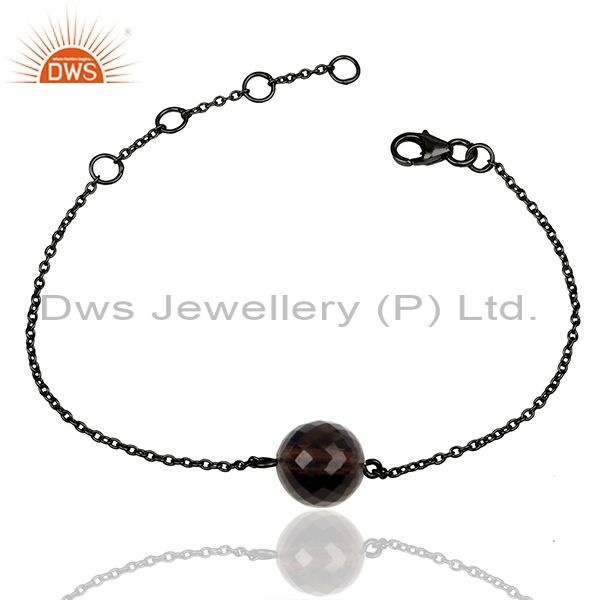 Smoky quartz gemstone black 925 silver unisex chain bracelet wholesale