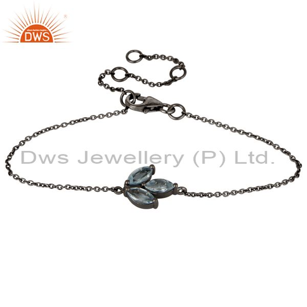 Oxidized sterling silver blue topaz gemstone cable link chain bracelet