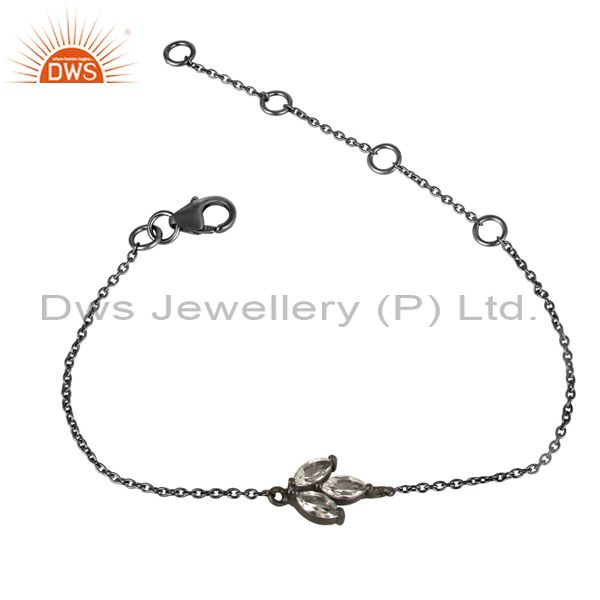 Black oxidized 925 sterling silver crystal quartz gemstone chain bracelet