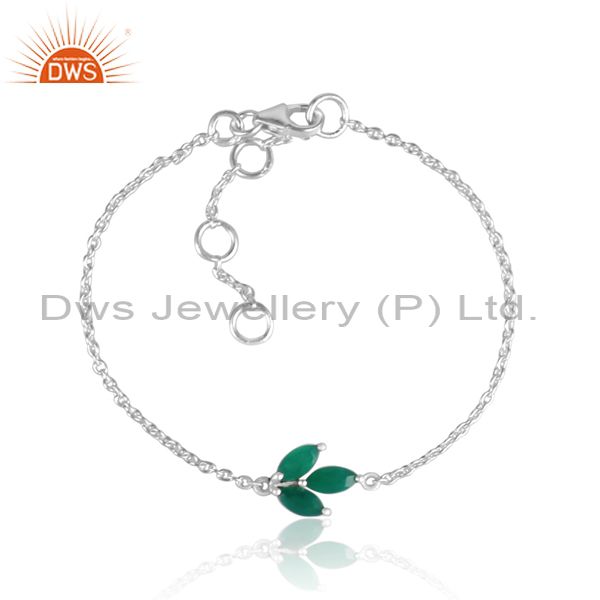 Solid 925 sterling silver green onyx gemstone chain bracelet with lobster lock