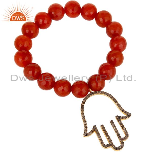 18k gold plated sterling silver hand design diamond & red onyx charms bracelet