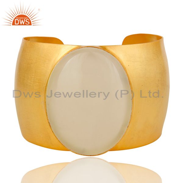 Traditional handmade 22k gold plated natural chalcedony openable brass bangle