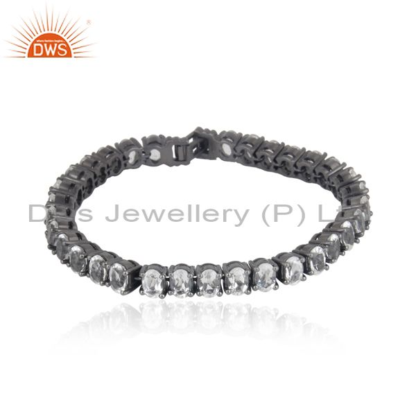 Black rhodium plated sterling silver crystal quartz gemstone cluster bracelet