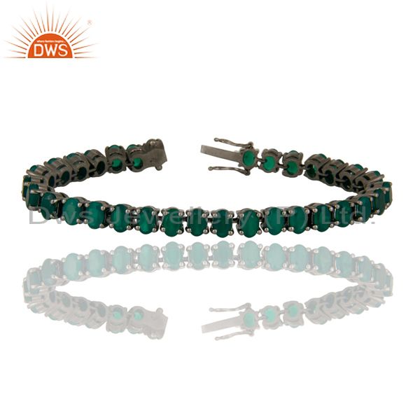 Black rhodium plated sterling silver green onyx gemstone tennis bracelet