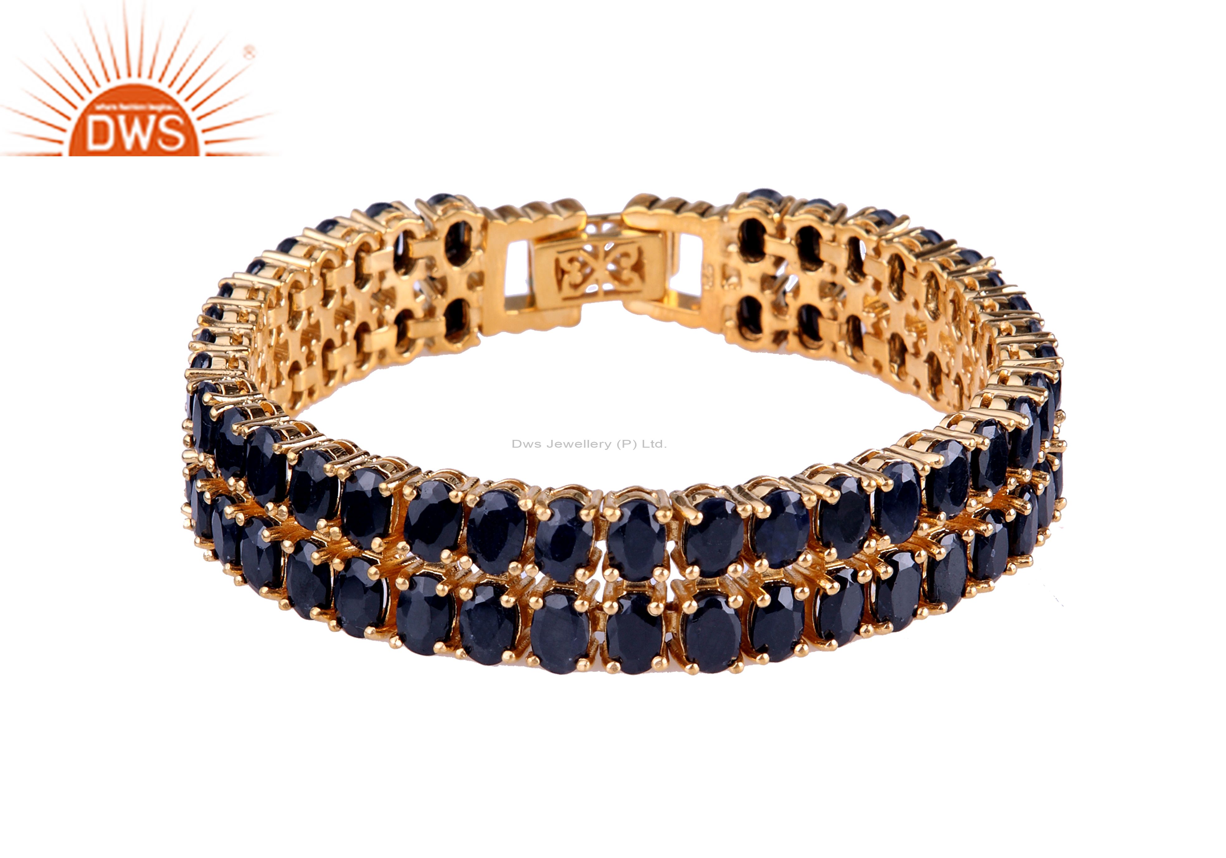 18k yellow gold plated sterling silver blue sapphire gemstone tennis bracelet