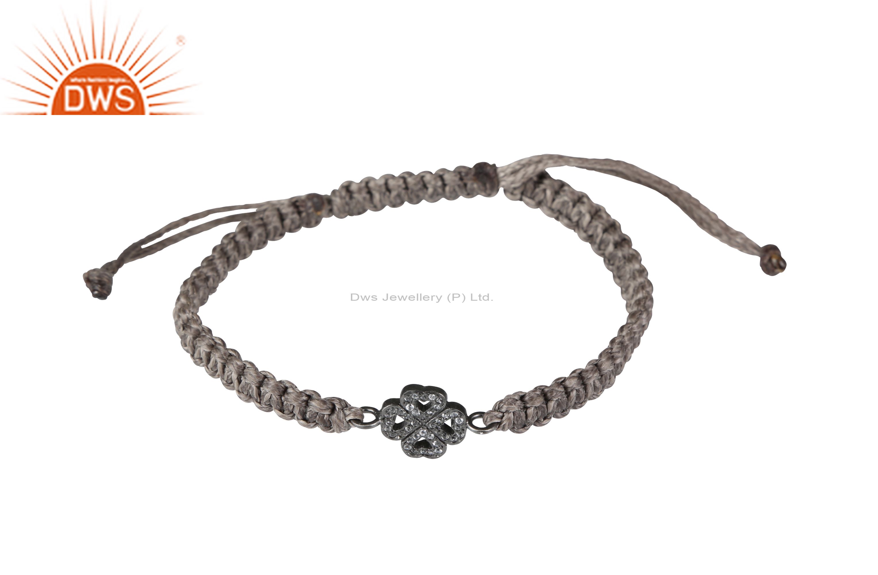 Oxidized sterling silver heart charms adjustable black macrame bracelet
