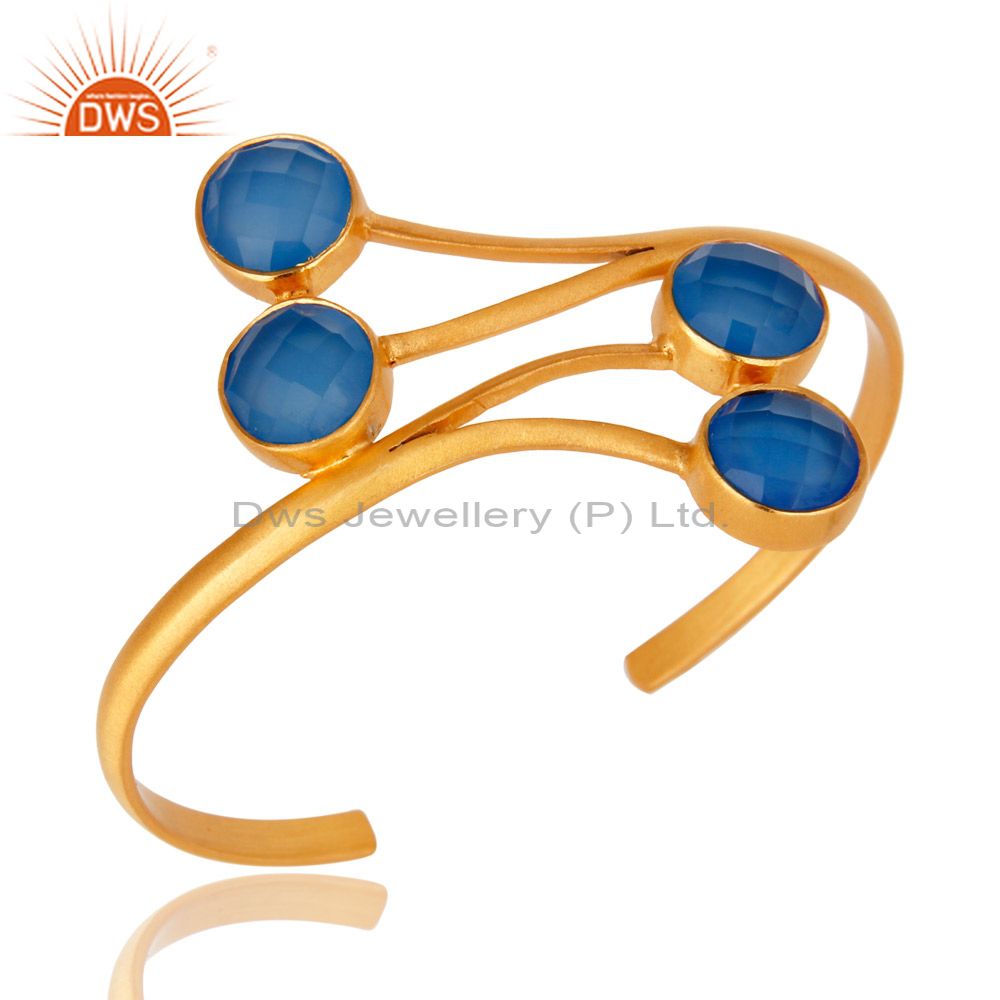 18k yellow gold plated aqua blue chalcedony handmade cuff bracelet / bangle