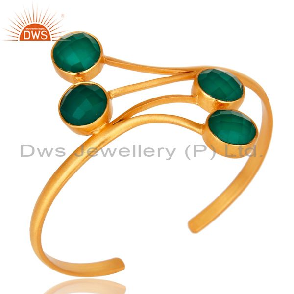 14k yellow gold plated green onyx gemstone bangle cuff bracelet