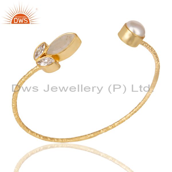 14k yellow gold plated rainbow moonstone pearl & cz sleek brass cuff bangle