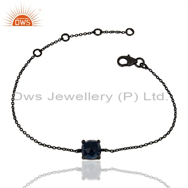 Blue corundum chain link black oxidized 925 sterling silver bracelet jewelry