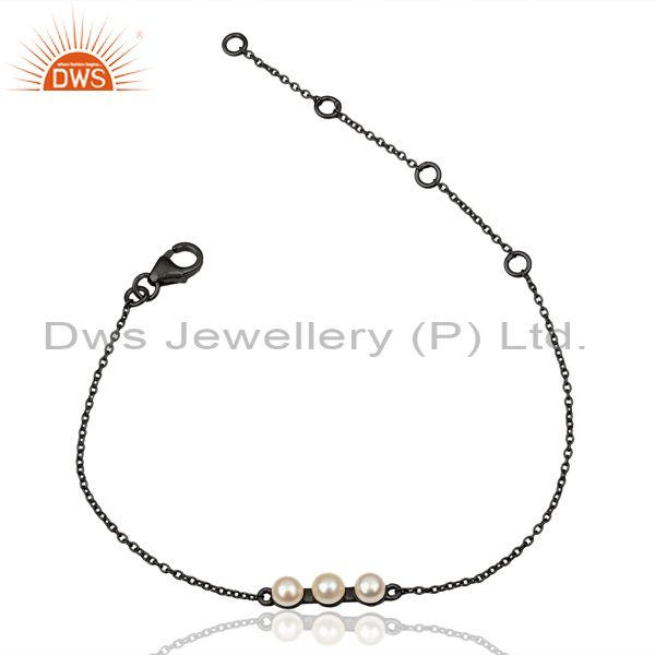 Pearl chain link black oxidized 925 sterling silver bracelet jewelry