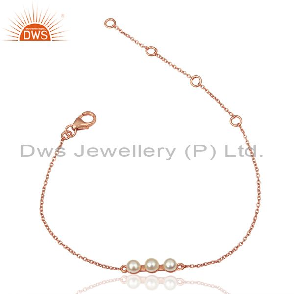 Pearl chain link 14k rose gold plated 925 sterling silver bracelet jewelry