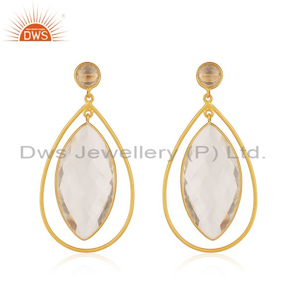 18K Yellow Gold Plated Natural Quartz Crystal Sterling Silver Tear Drop Earrings