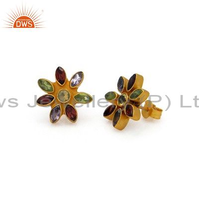 18K Yellow Gold Plated Sterling Silver Multi Colored Gemstone Stud Earrings