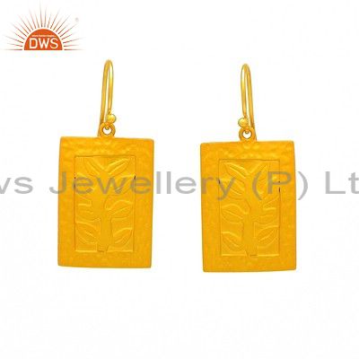 18K Yellow Gold Plated Sterling Silver Leaf Designer Dangle Earrings
