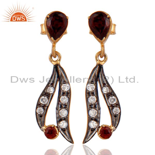 925 Sterling Silver Yellow Gold Plated Natural Garnet Gemstone Earrings With CZ