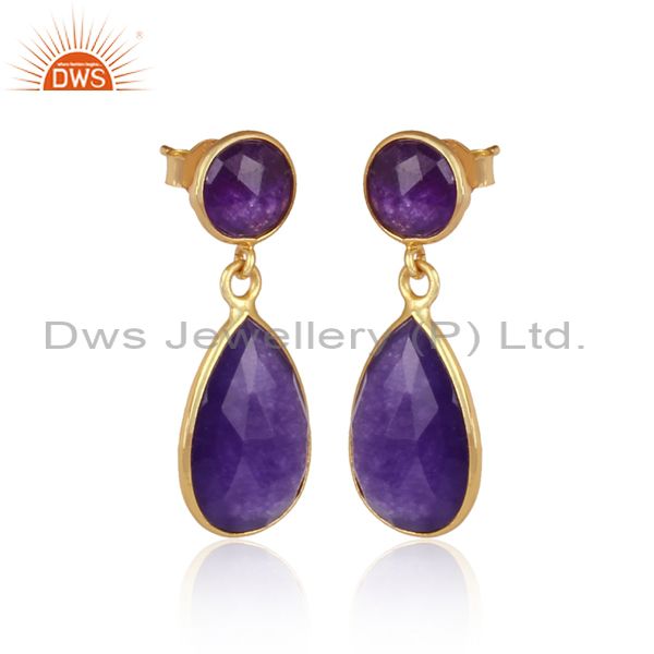 18K Gold Plated Sterling Silver Purple Aventurine Bezel-Set Dangle Earrings