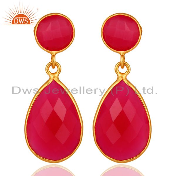 Faceted Dyed Pink Chalcedony Pear Shape 925 Silver Drop Earrings - Gold Plated