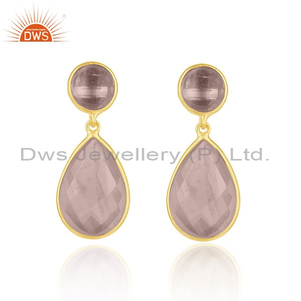 14k Gold Plated 925 Silver Rose Quartz Gemstone Drop Earrings Supplier