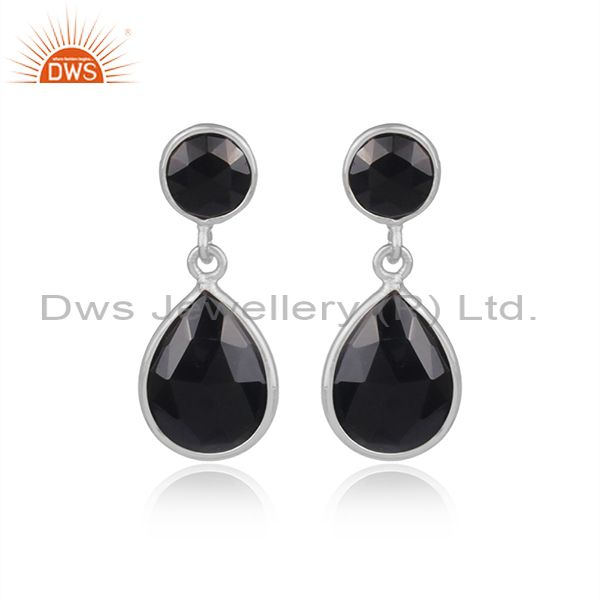 925 Sterling Silver Faceted Gold Plated Black Onyx Gemstone Drop Earrings
