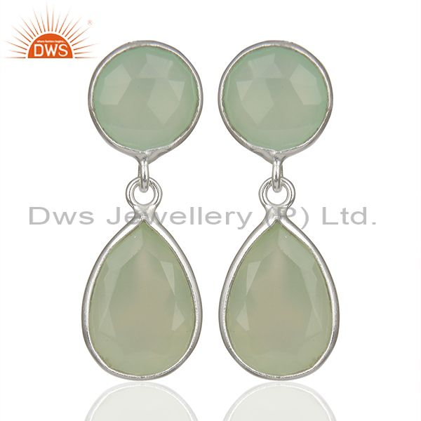 Solid 925 Sterling Silver Aqua Chalcedony Gemstone Drop Earrings