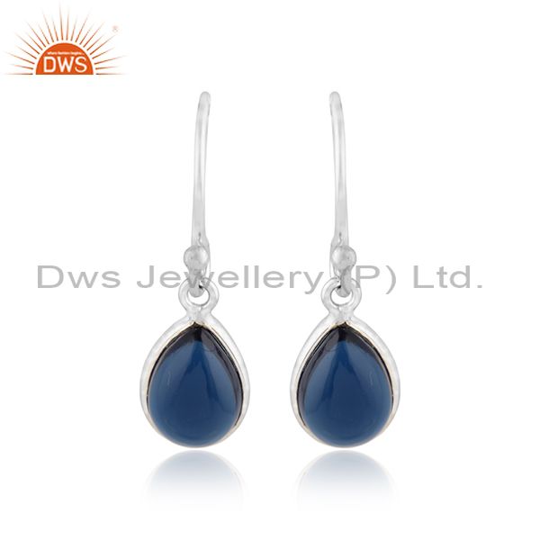 Blue corundum gemstone white rhodium plated silver hook earrings