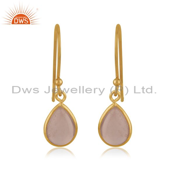 Rose Quartz Gemstone Yellow Gold Plated 925 Sterling Silver Earring Jewelry