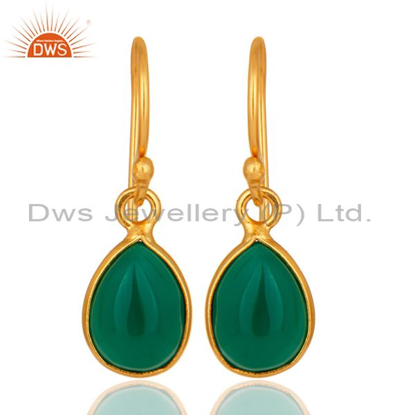 Natural Green Onyx Handmade 925 Sterling Silver Drop Earrings - Gold Plated