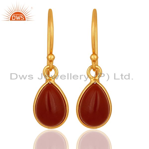 Natural Red Onyx Gemstone Drop Earrings In 18K Gold Over Sterling Silver