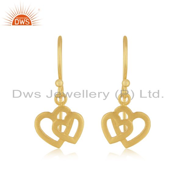 22K Yellow Gold Plated Sterling Silver Stain Finish Double Heart Dangle Earrings