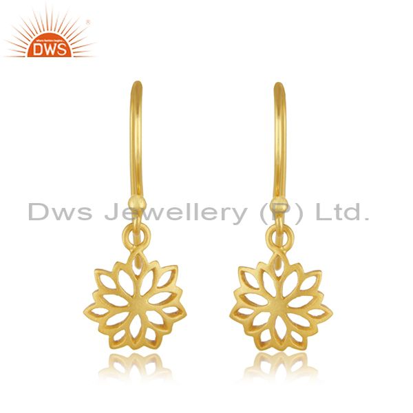 22K Yellow Gold Plated Sterling Silver Filigree Flower Design Dangle Earrings