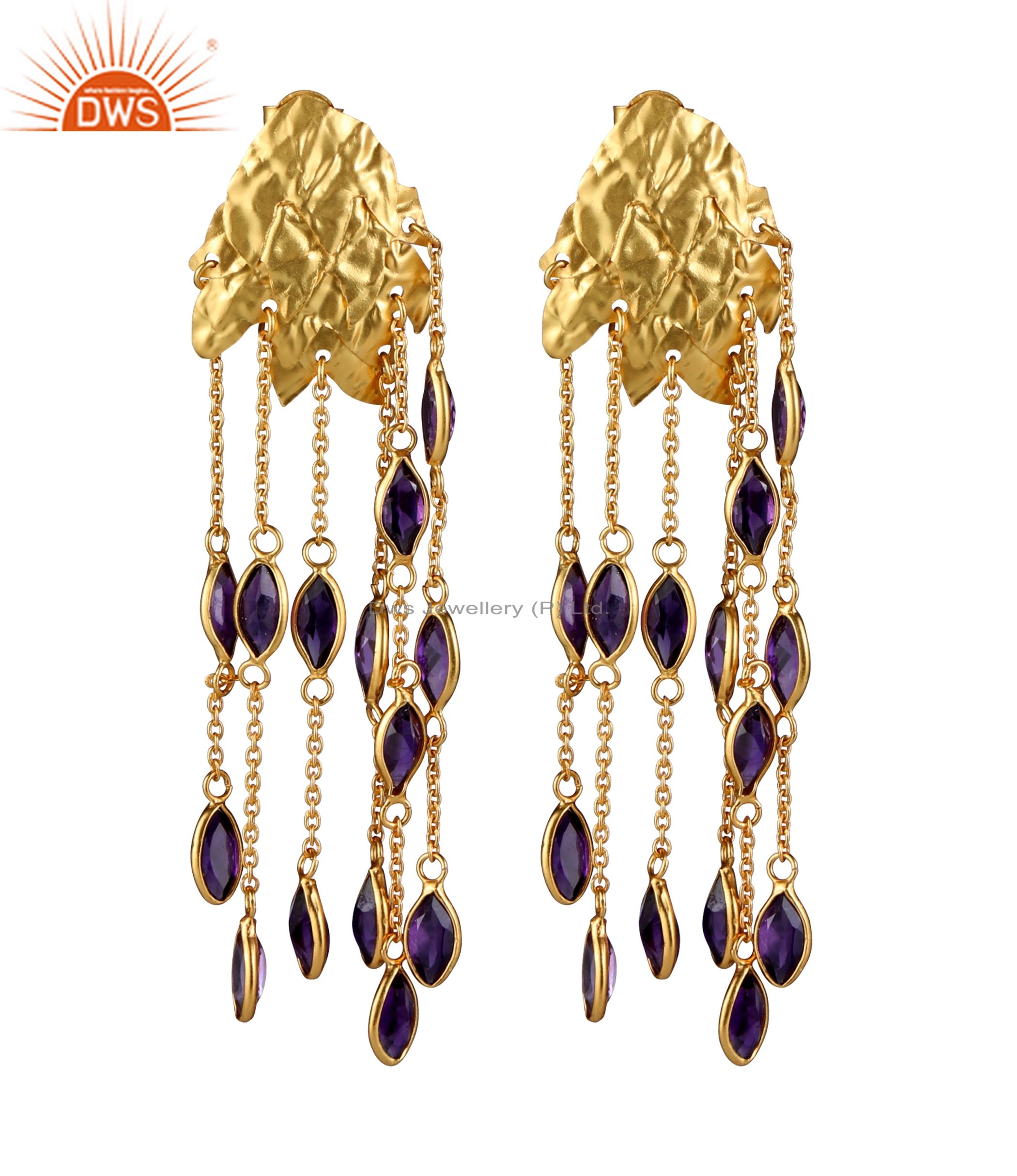 18K Yellow Gold Plated Sterling Silver Lapis Lazuli Chain Chandelier Earrings
