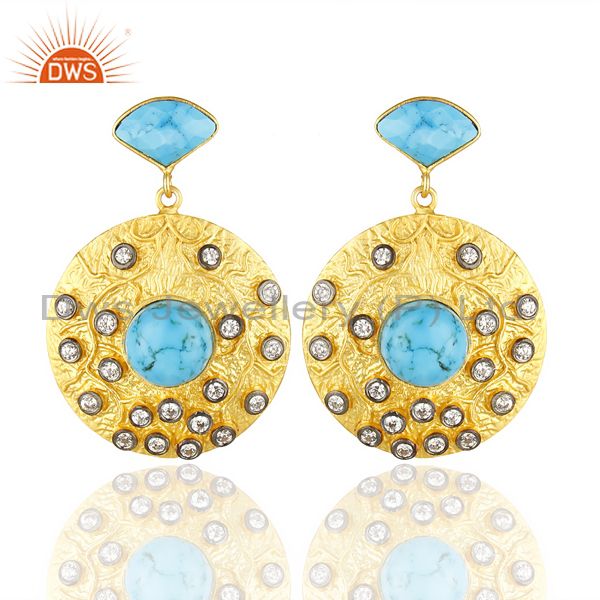 18K Yellow Gold Plated Brass Turquoise & Cubic Zirconia Disc Fashion Earrings